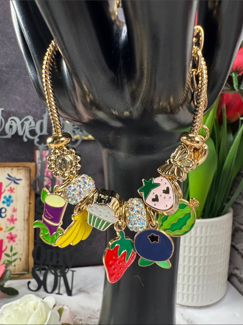 Gold Fruit & Charm Bracelet with Colorful Enamel Charms